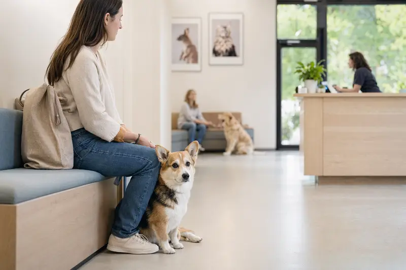 Ein Welsh Corgi Pembroke sitzt ruhig neben seinem Besitzer im hellen Wartezimmer einer modernen Tierarztpraxis.